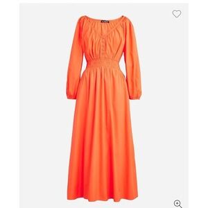 J. Crew L Bright Orange Poplin Cotton V-neck Smocked Midi Dress w POCKETS